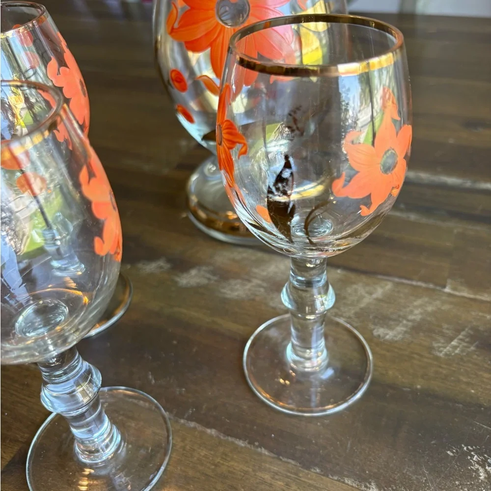 MCM Decanter Set Orange & Gold Gilded Striped Cordial Glass Hand Painted Floral - Picture 5 of 11